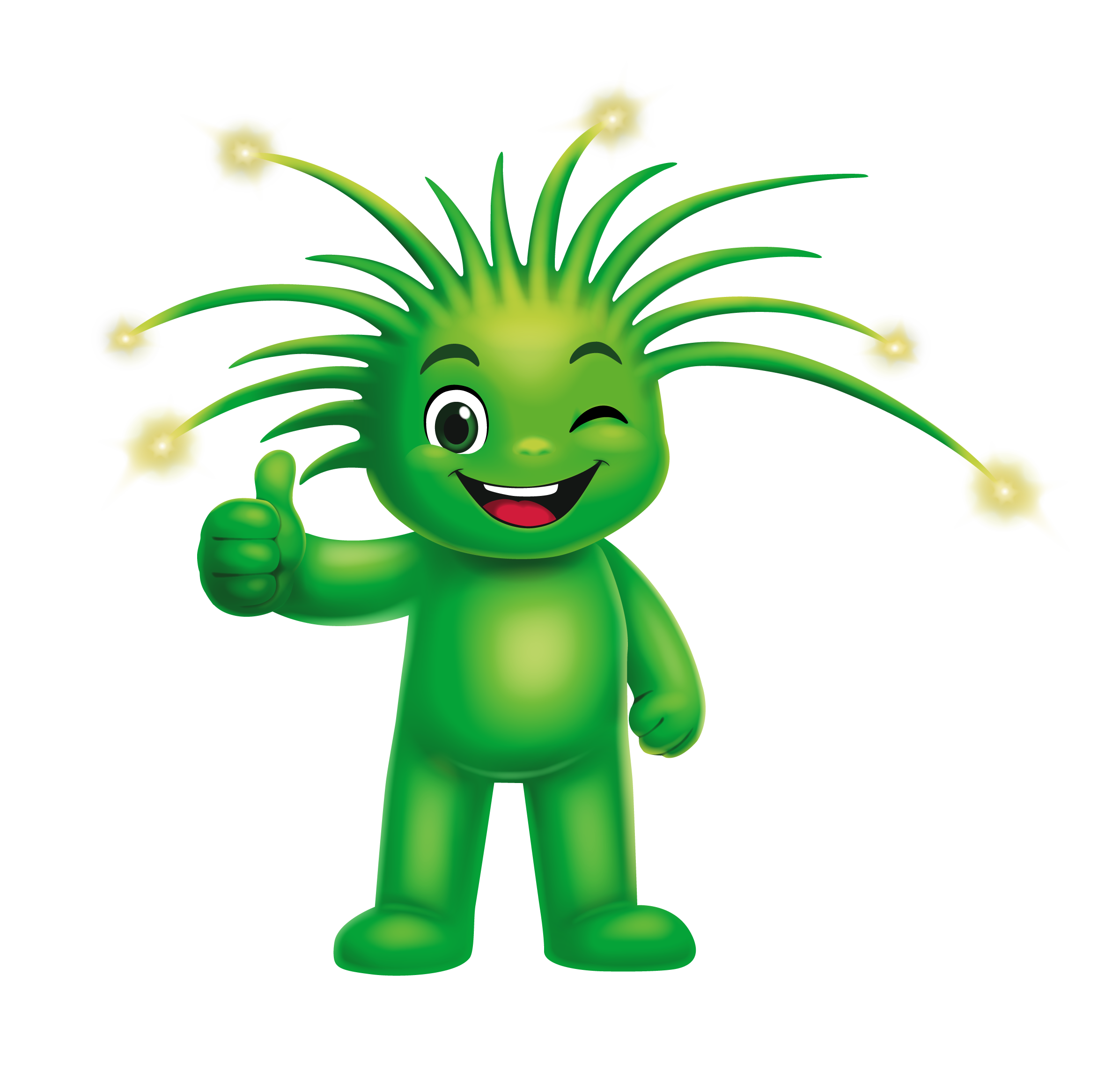 Fibi, la mascotte verte de la fibre optique, sourit et lève le pouce